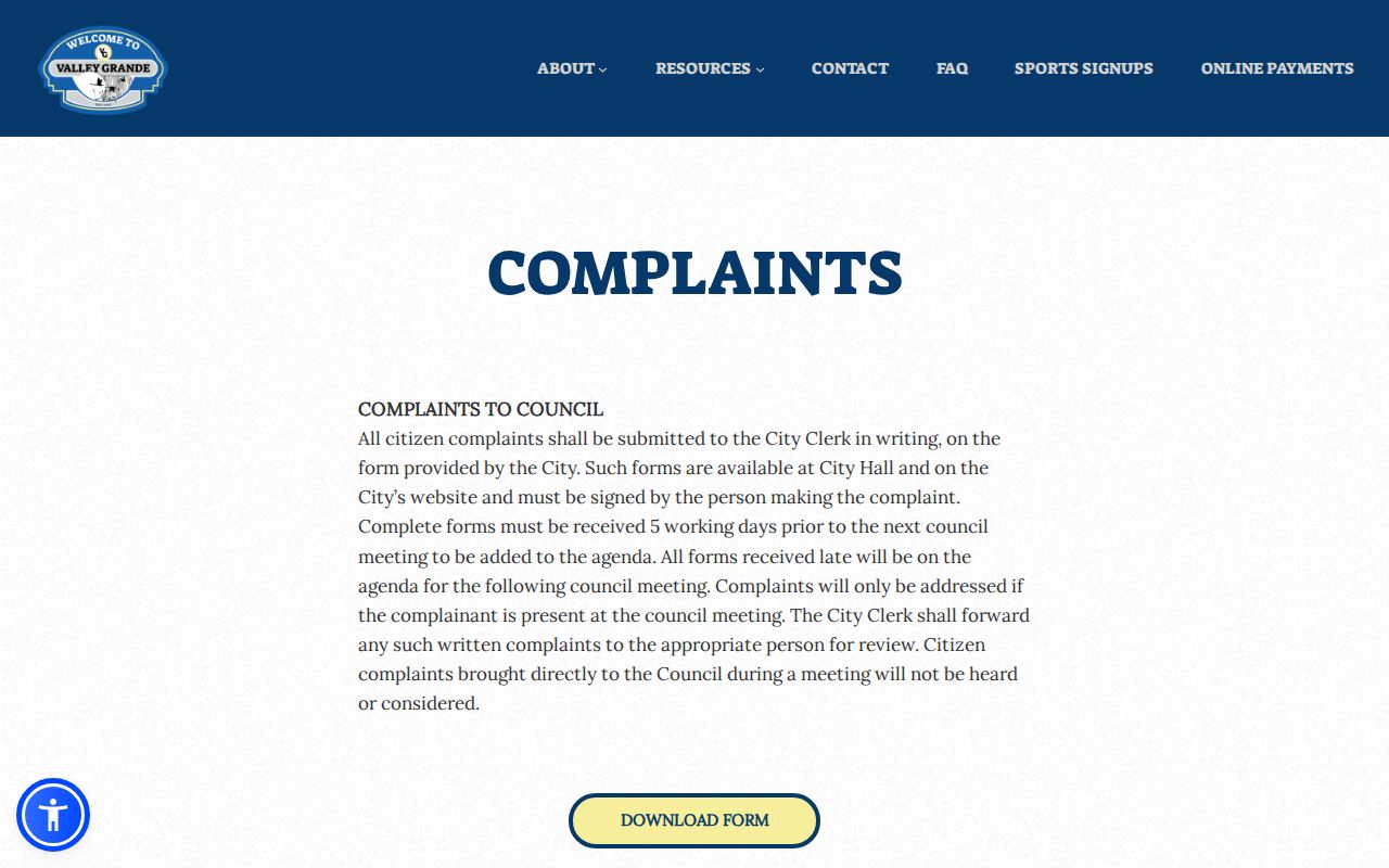 Valley Grande city records council complaint rules