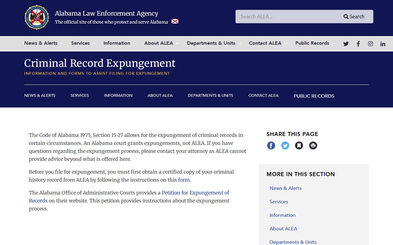 Dallas County criminal case records and ALEA expungement requirements