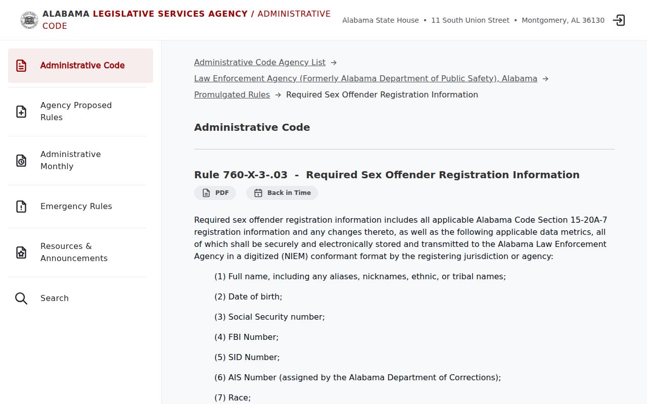Alabama administrative rule listing sex offender registration data categories
