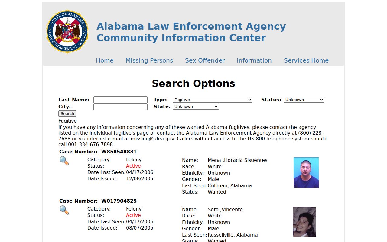 ALEA Fugitive Search interface used as a supplemental state search